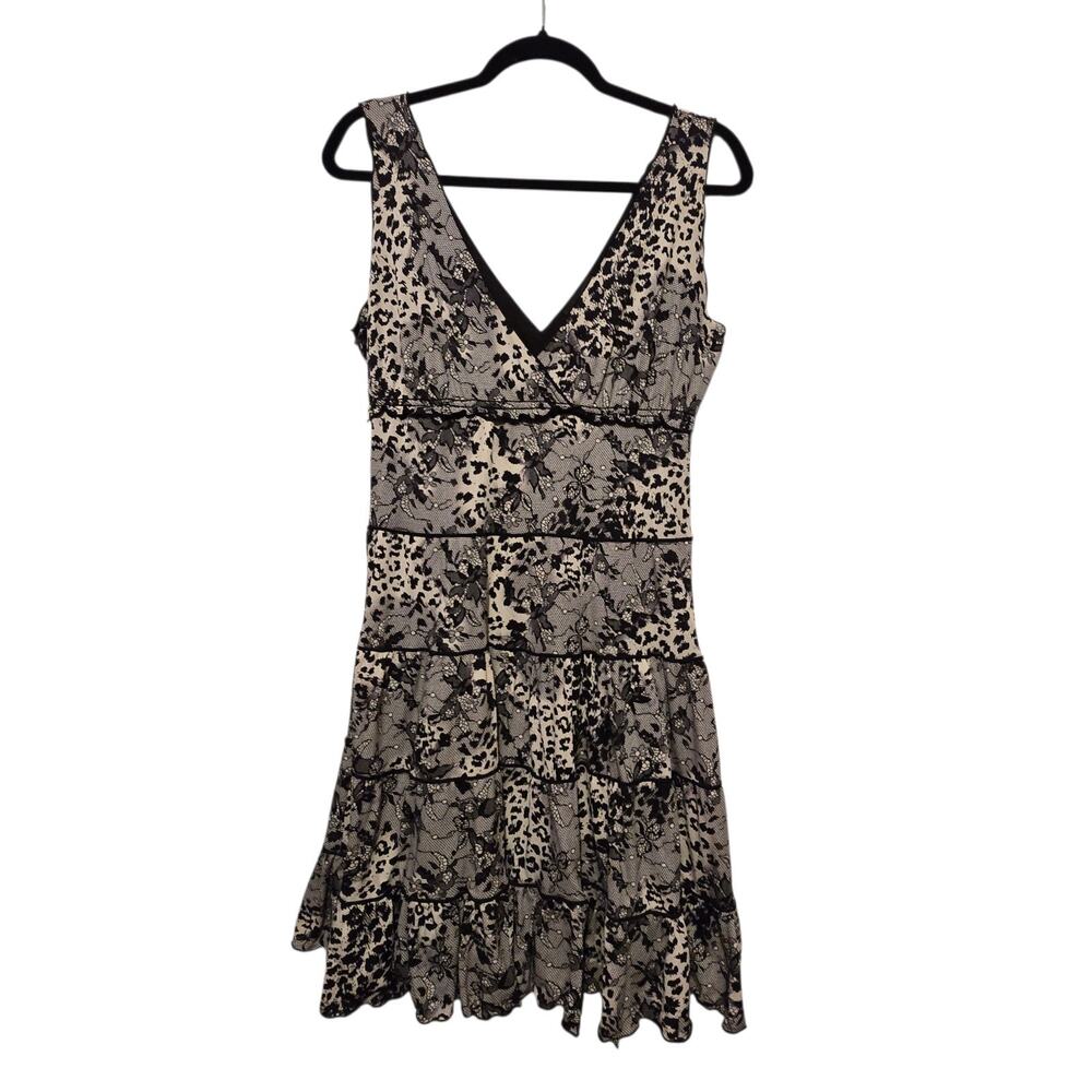 Vtg Y2K Style & Co Babydoll Tiered Dress Womens SM Animal Print Leopard Stretch
